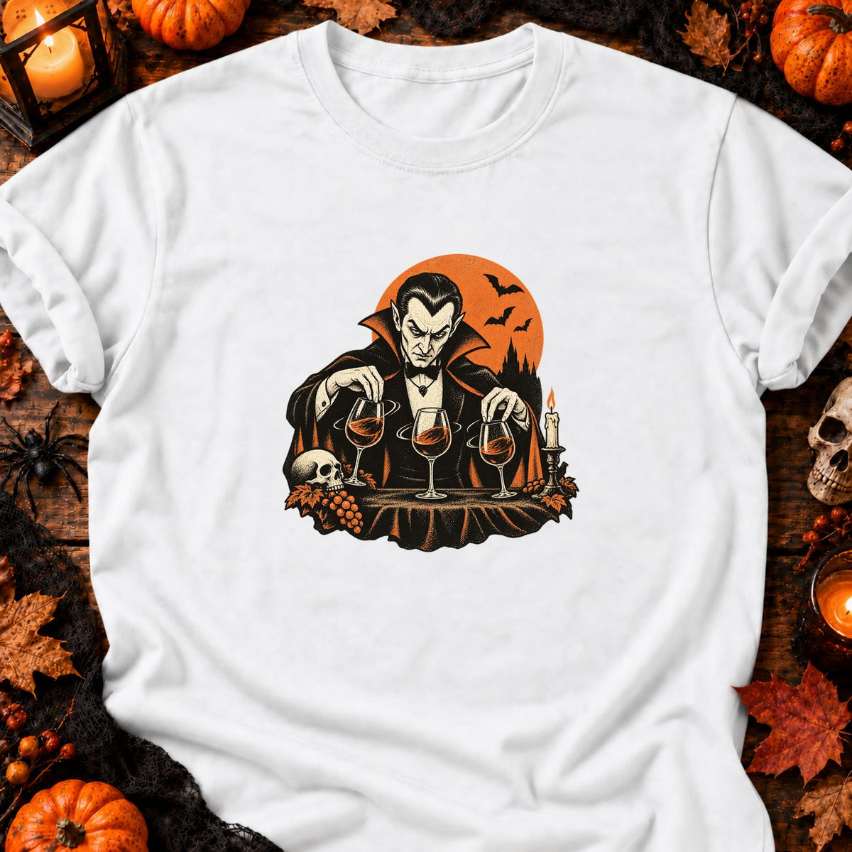 T-shirt Vampire et verres de vin, coloris blanc
