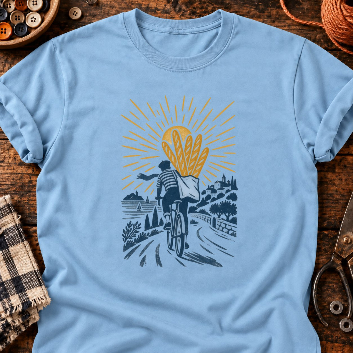 T-shirt Mission pain Cycliste et baguettes, coloris bleu clair