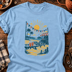 T-shirt Plage et buvette en linogravure, coloris bleu clair