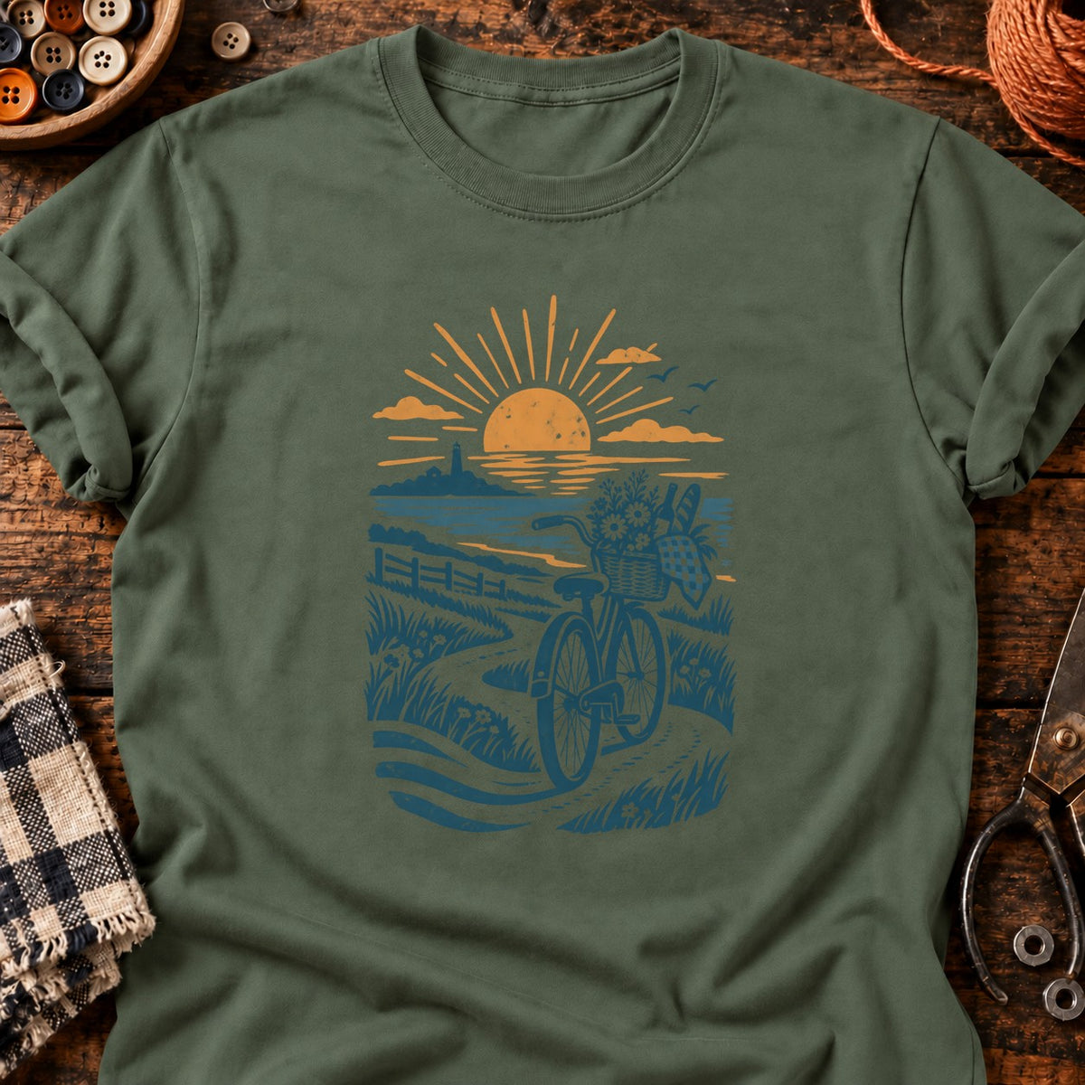 T-shirt Vélo de pique-nique au bord de mer, coloris vert militaire
