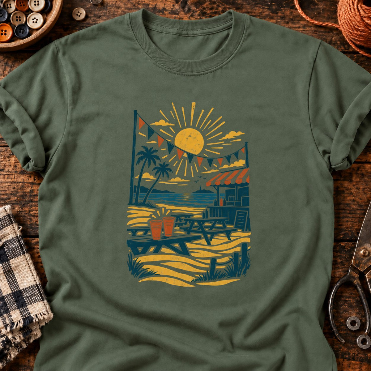 T-shirt Plage et buvette en linogravure, coloris vert militaire