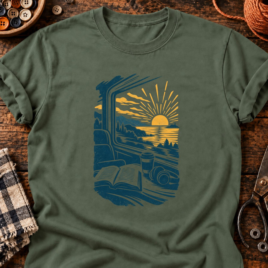 T-shirt Voyage en train et lecture, coloris vert militaire