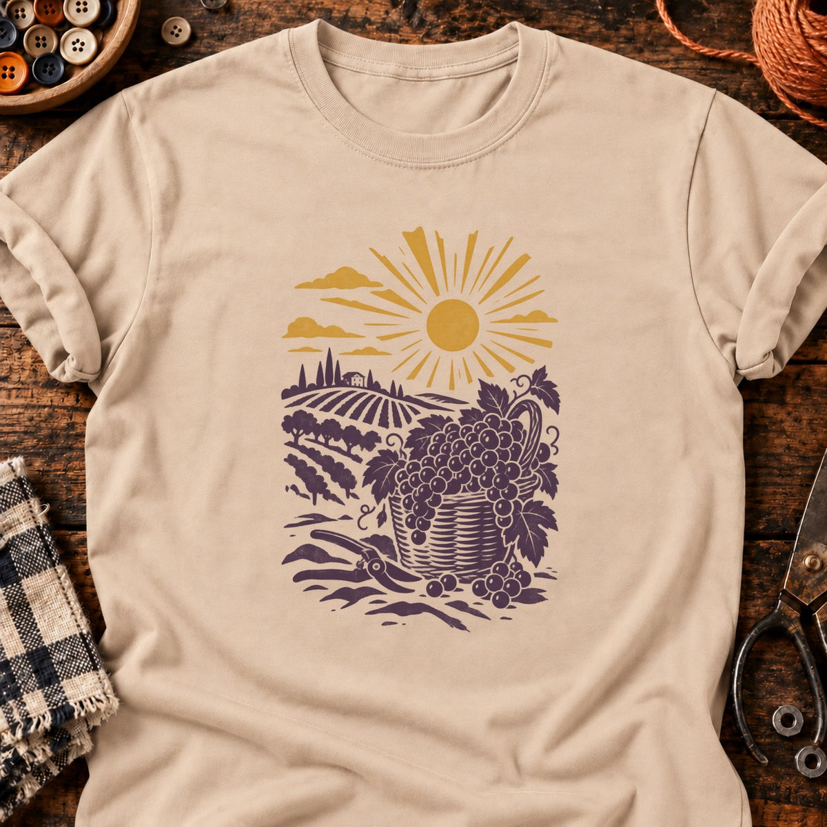 T-shirt Panier de vendanges en linogravure, coloris naturel