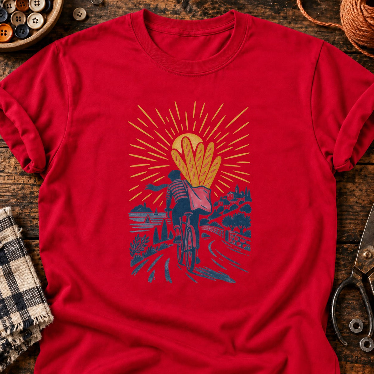 T-shirt Mission pain Cycliste et baguettes, coloris rouge