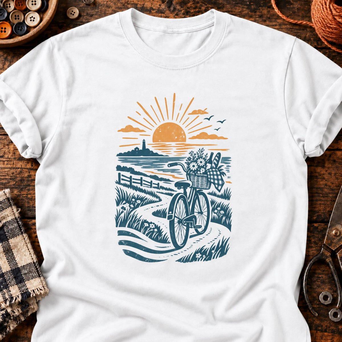 T-shirt Vélo de pique-nique au bord de mer, coloris blanc