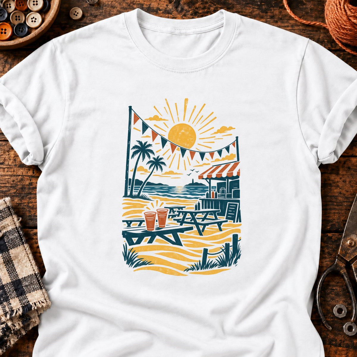 T-shirt Plage et buvette en linogravure, coloris blanc