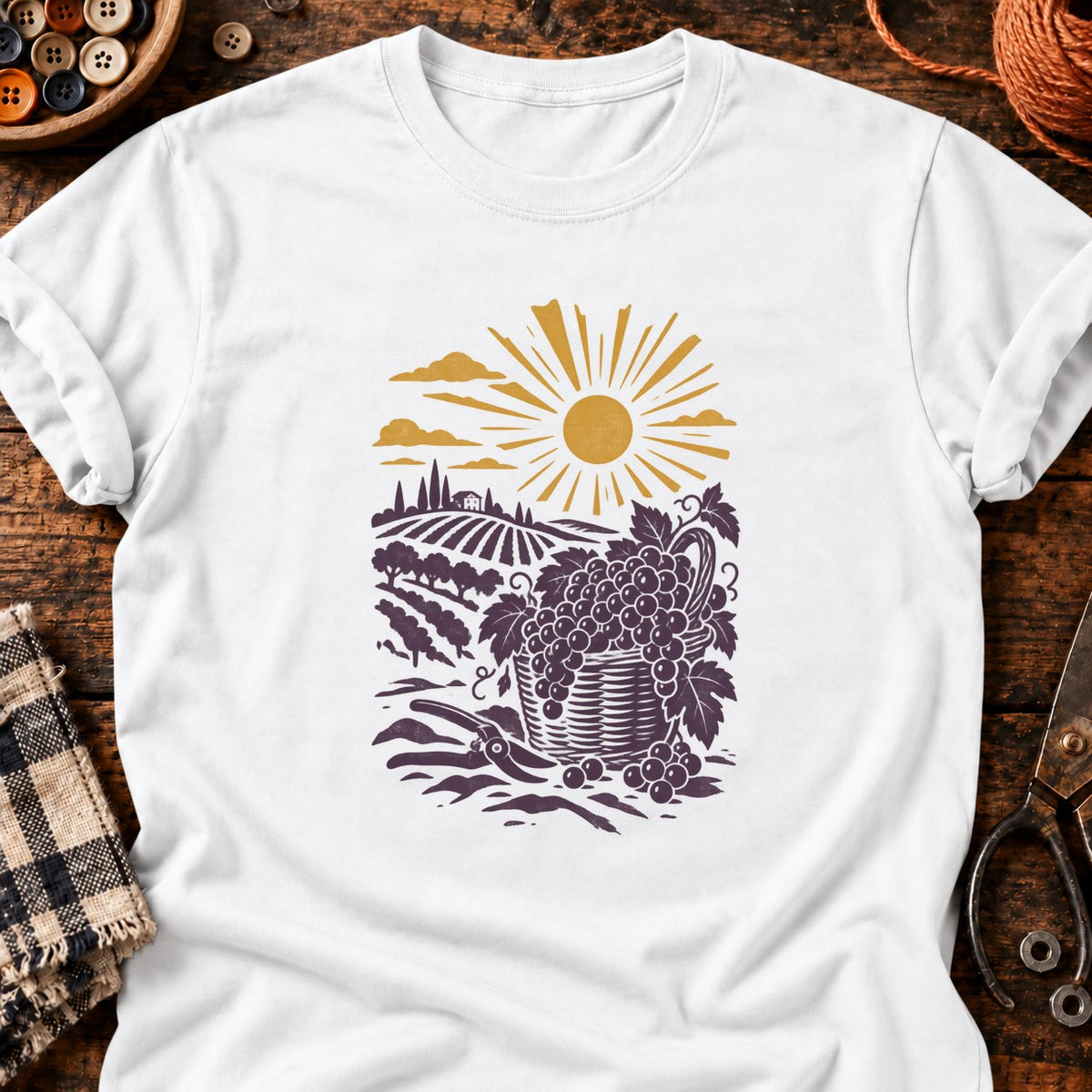 T-shirt Panier de vendanges en linogravure, coloris blanc