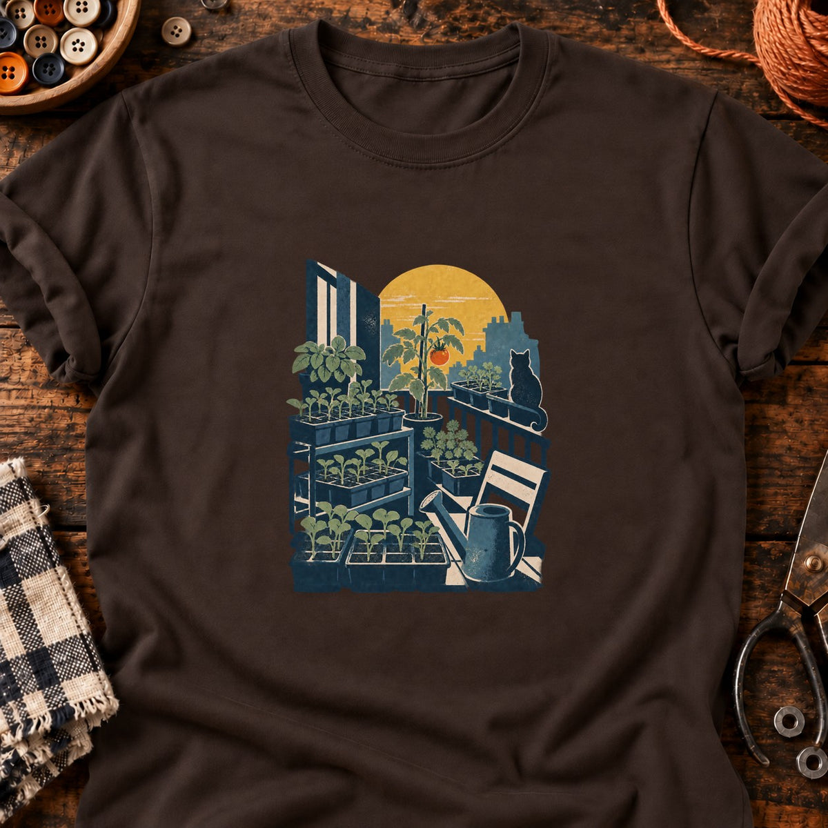 Balcon de semis et tomate rouge — T-shirt chocolat