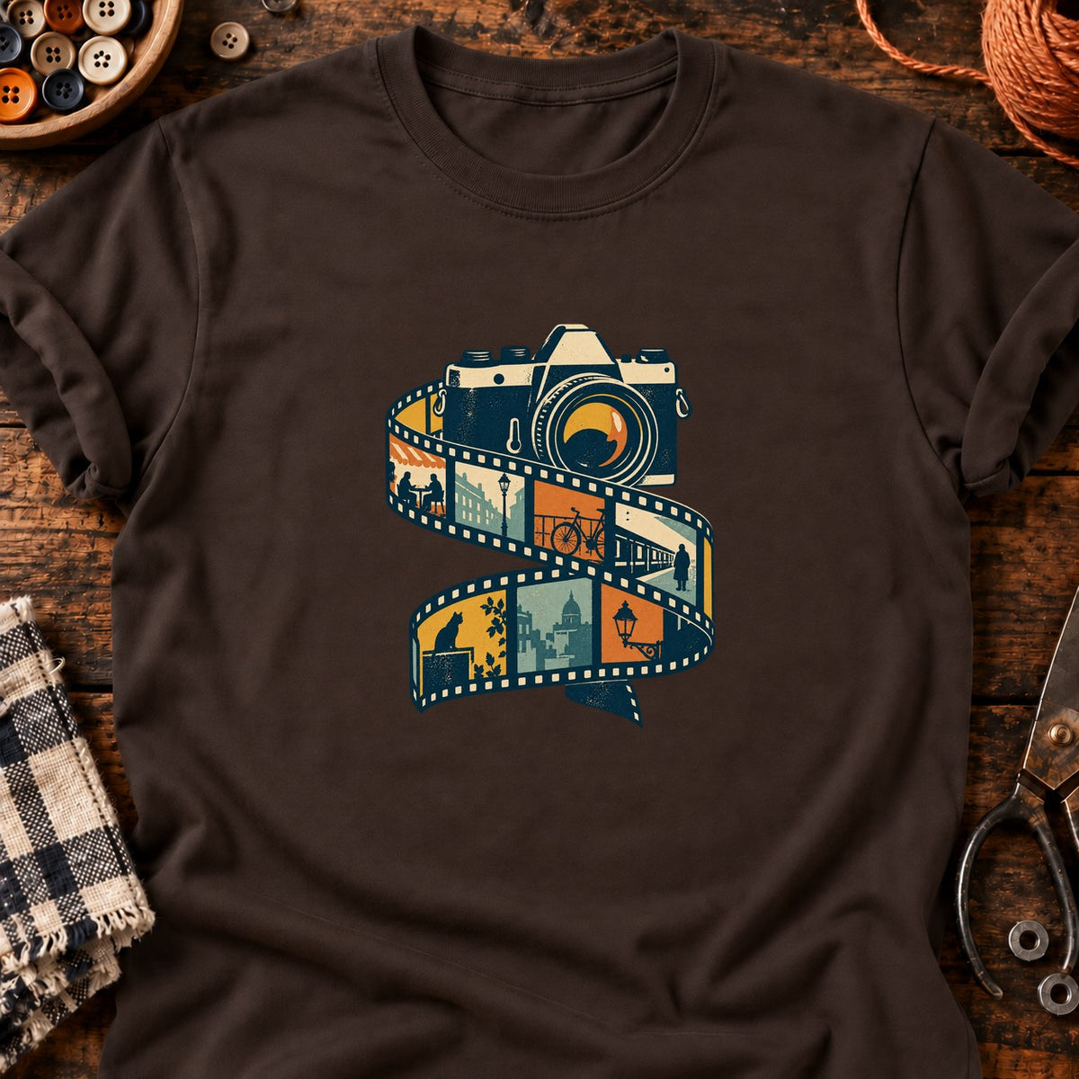 Appareil photo rétro et pellicule urbaine — T-shirt chocolat