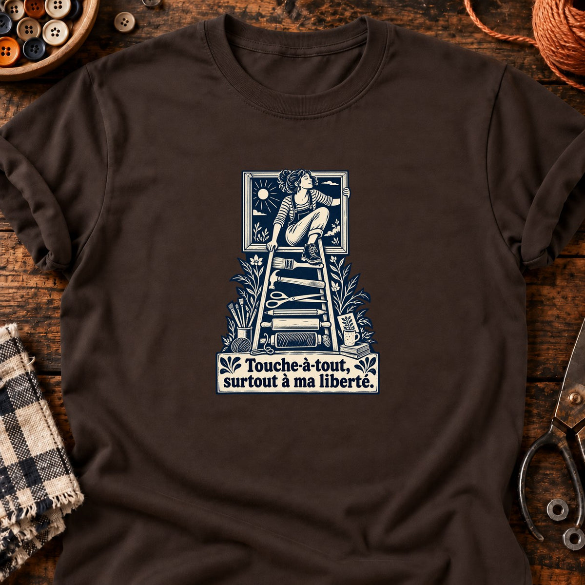 Femme libre sur échelle d’outils — T-shirt chocolat
