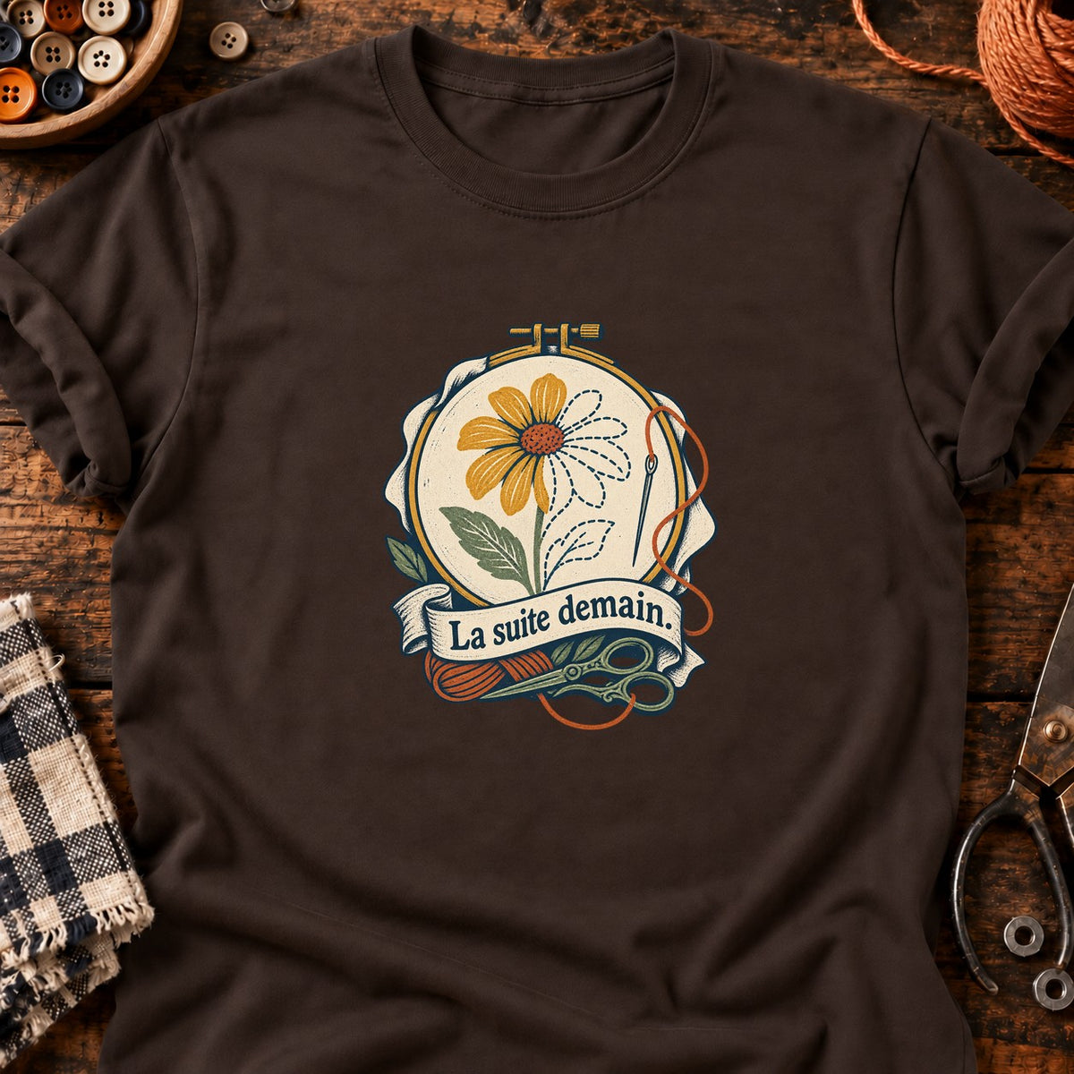 Fleur en cours de broderie — T-shirt chocolat