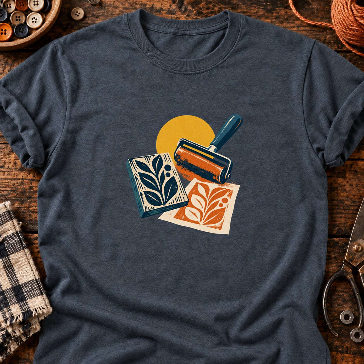 Composition rétro linogravure et rouleau encreur — T-shirt gris anthracite chiné