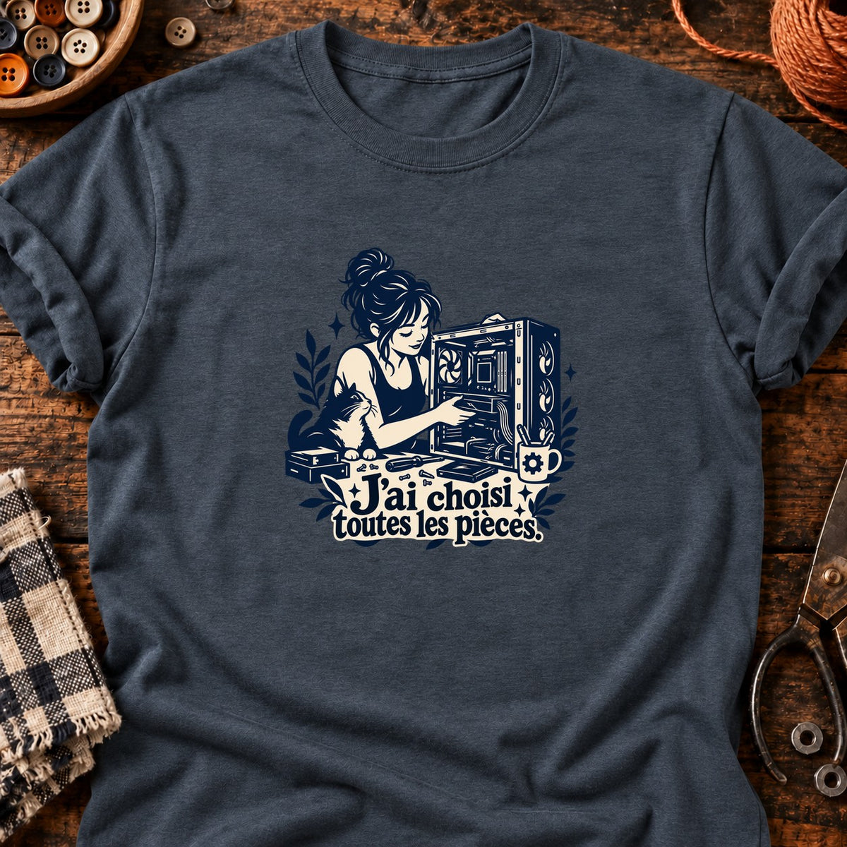 Montage PC et chat complice — T-shirt gris anthracite chiné