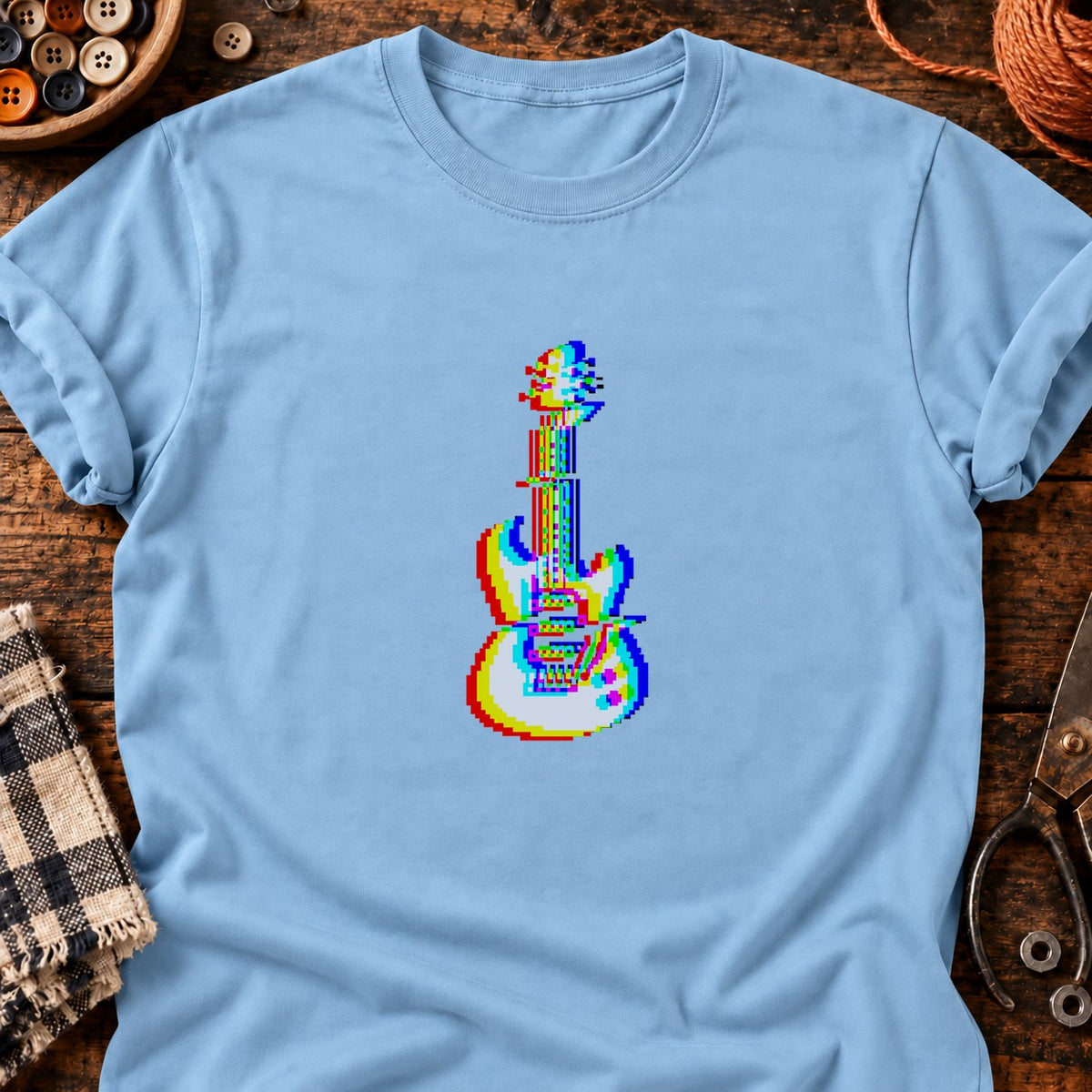 Guitare électrique, effet glitch — T-shirt bleu clair