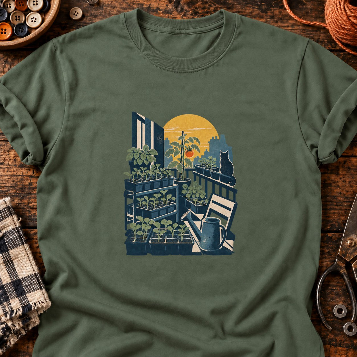 Balcon de semis et tomate rouge — T-shirt vert militaire