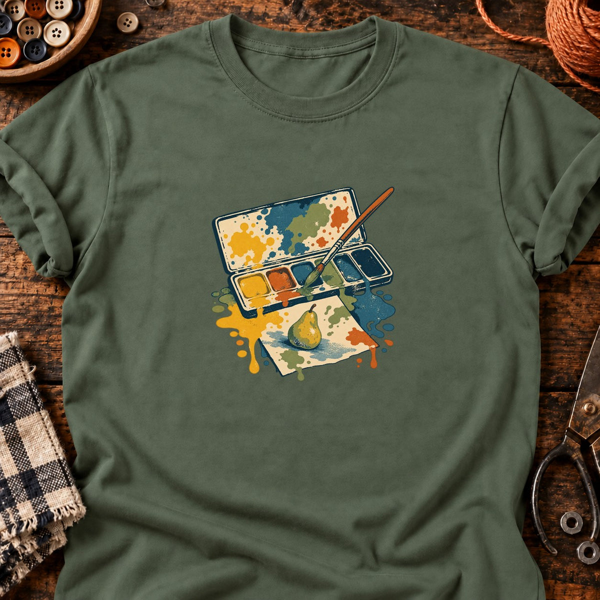 Palette aquarelle et poire — T-shirt vert militaire