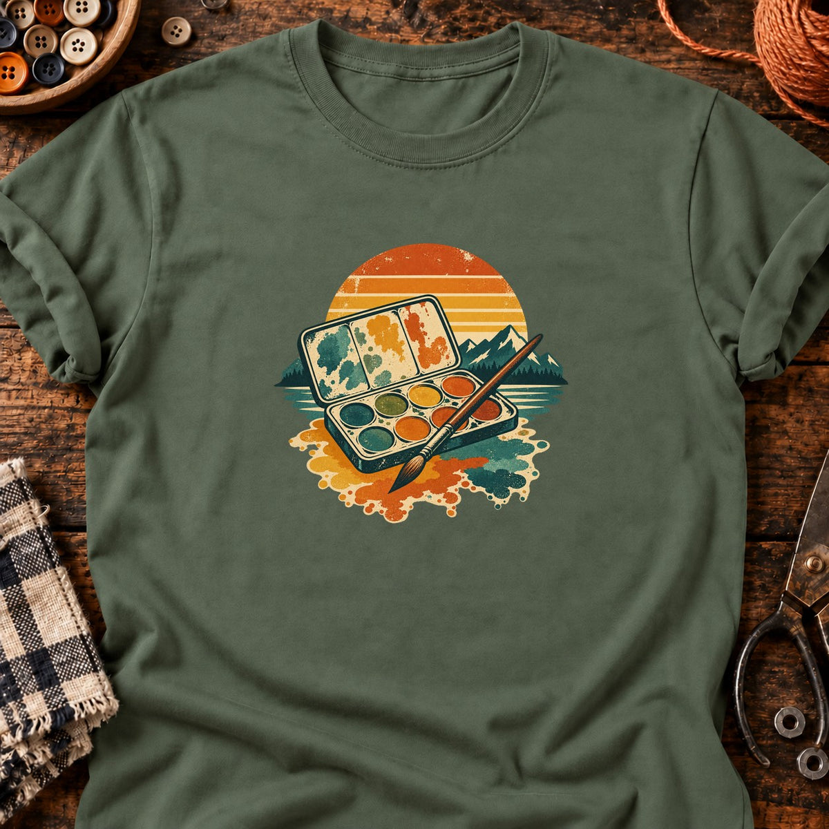T-shirt Palette aquarelle rétro, coloris vert militaire