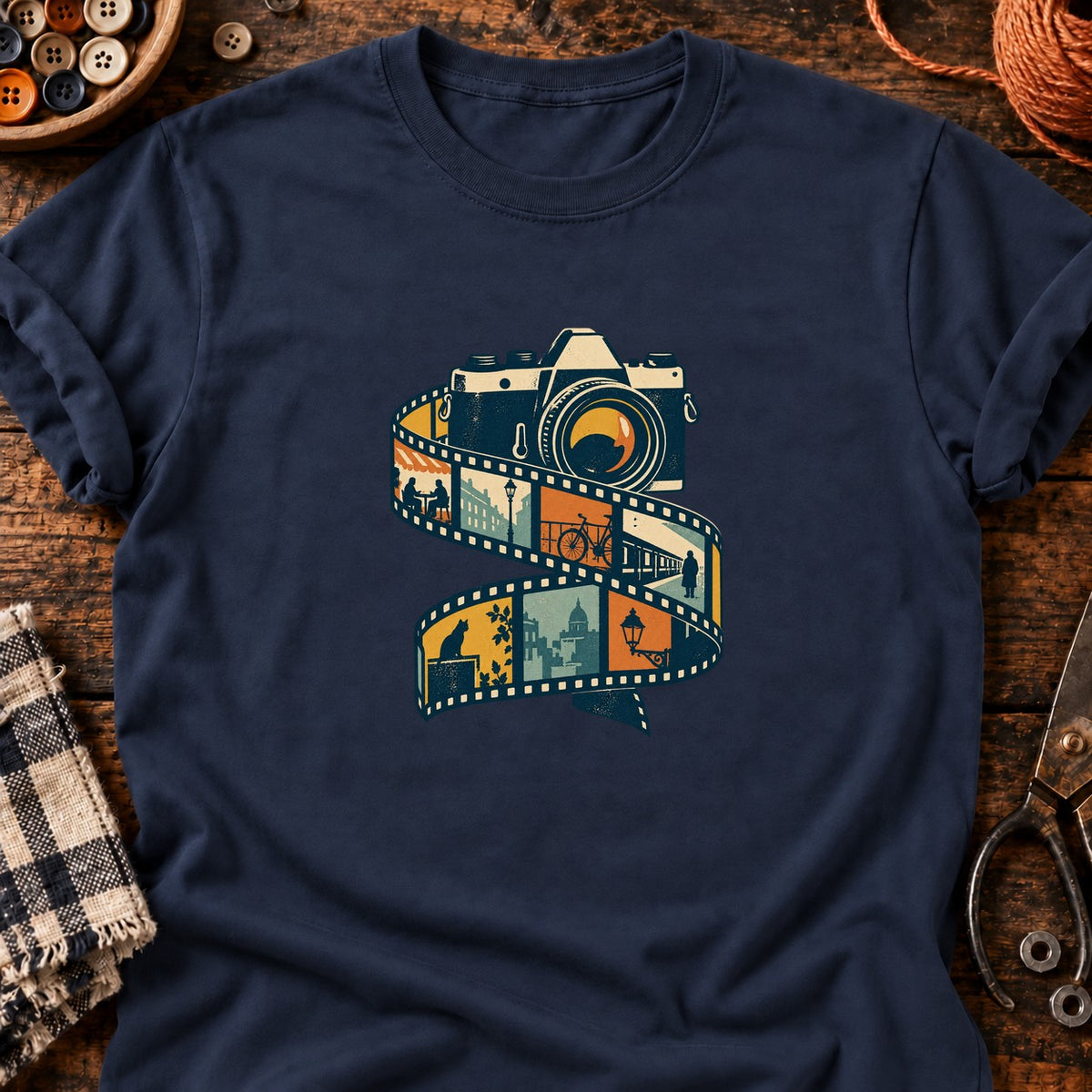 Appareil photo rétro et pellicule urbaine — T-shirt bleu marine