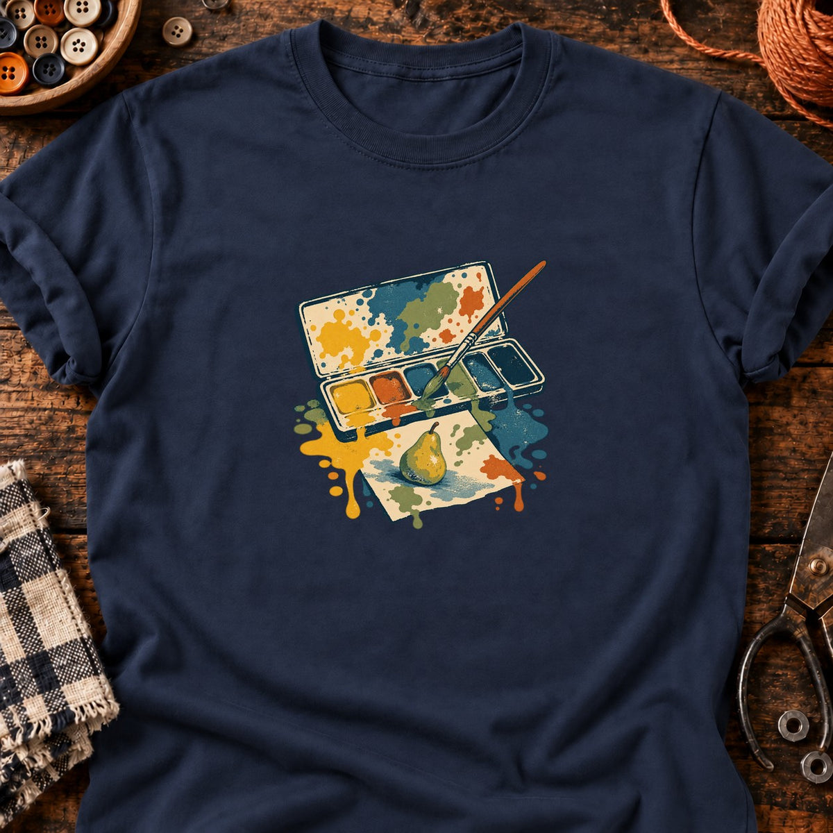 Palette aquarelle et poire — T-shirt bleu marine