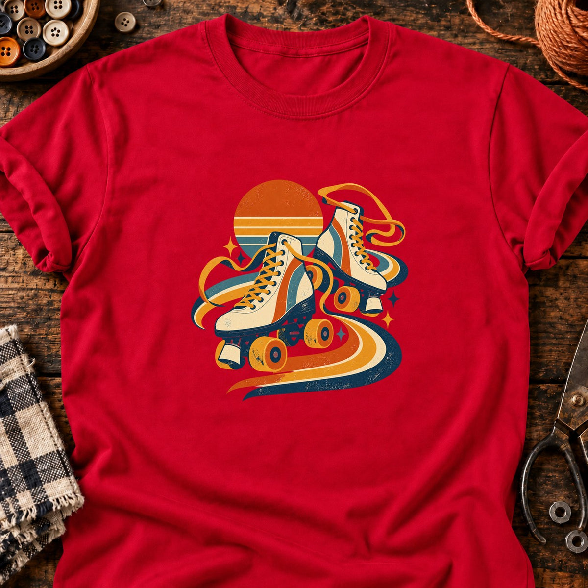 Patins à roulettes rétro géométriques — T-shirt rouge