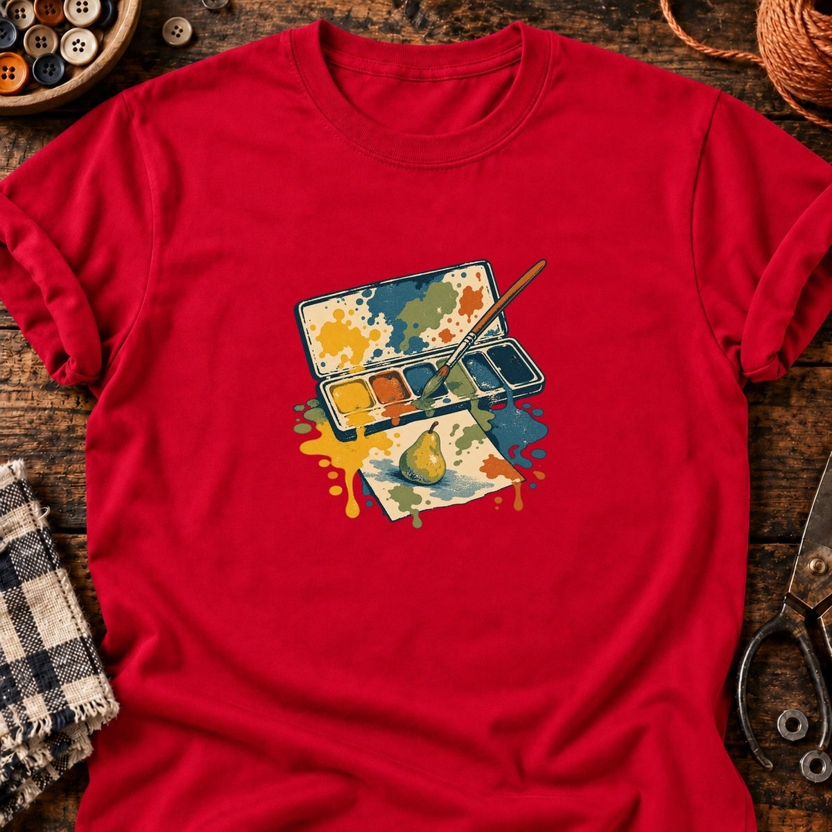 Palette aquarelle et poire — T-shirt rouge