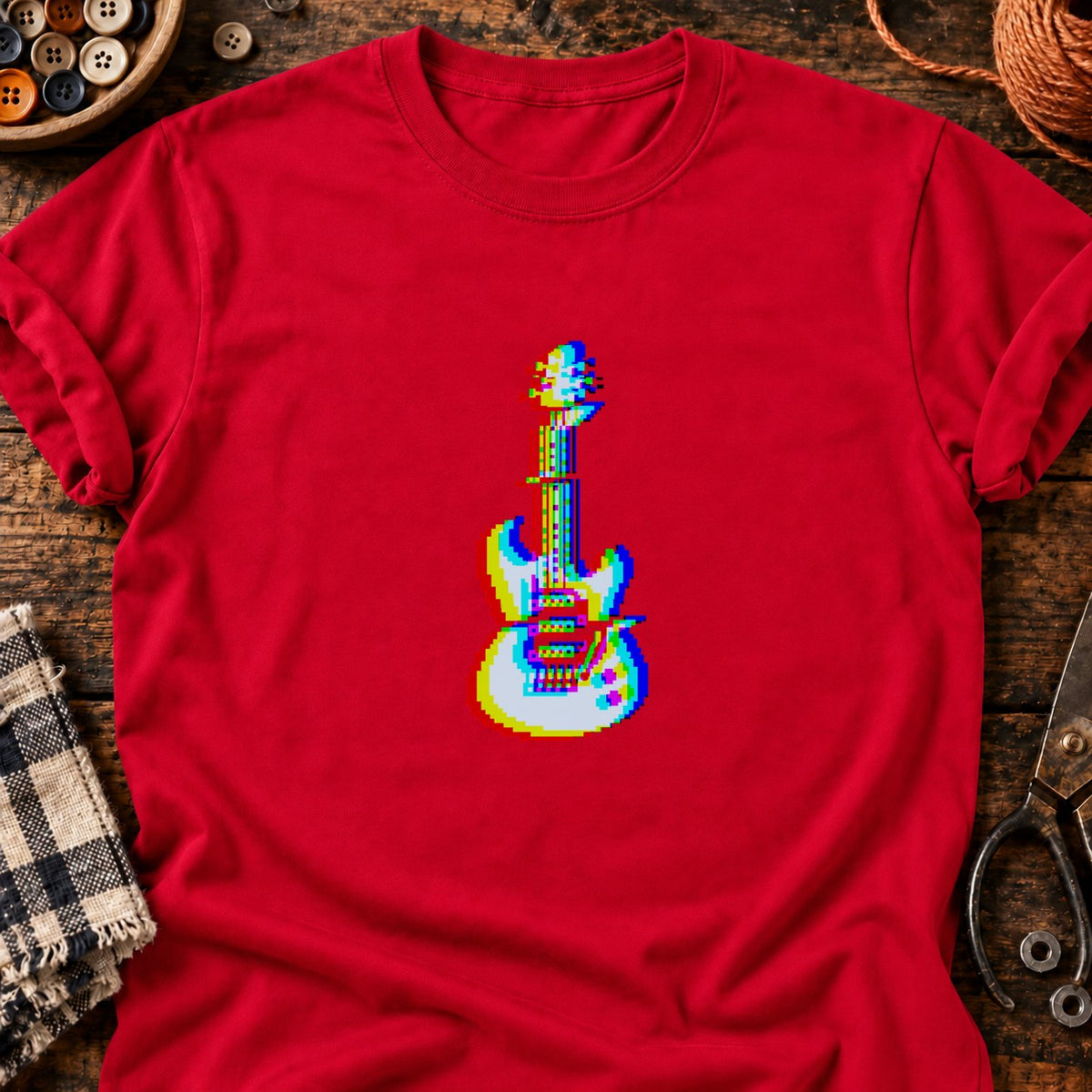 Guitare électrique, effet glitch — T-shirt rouge