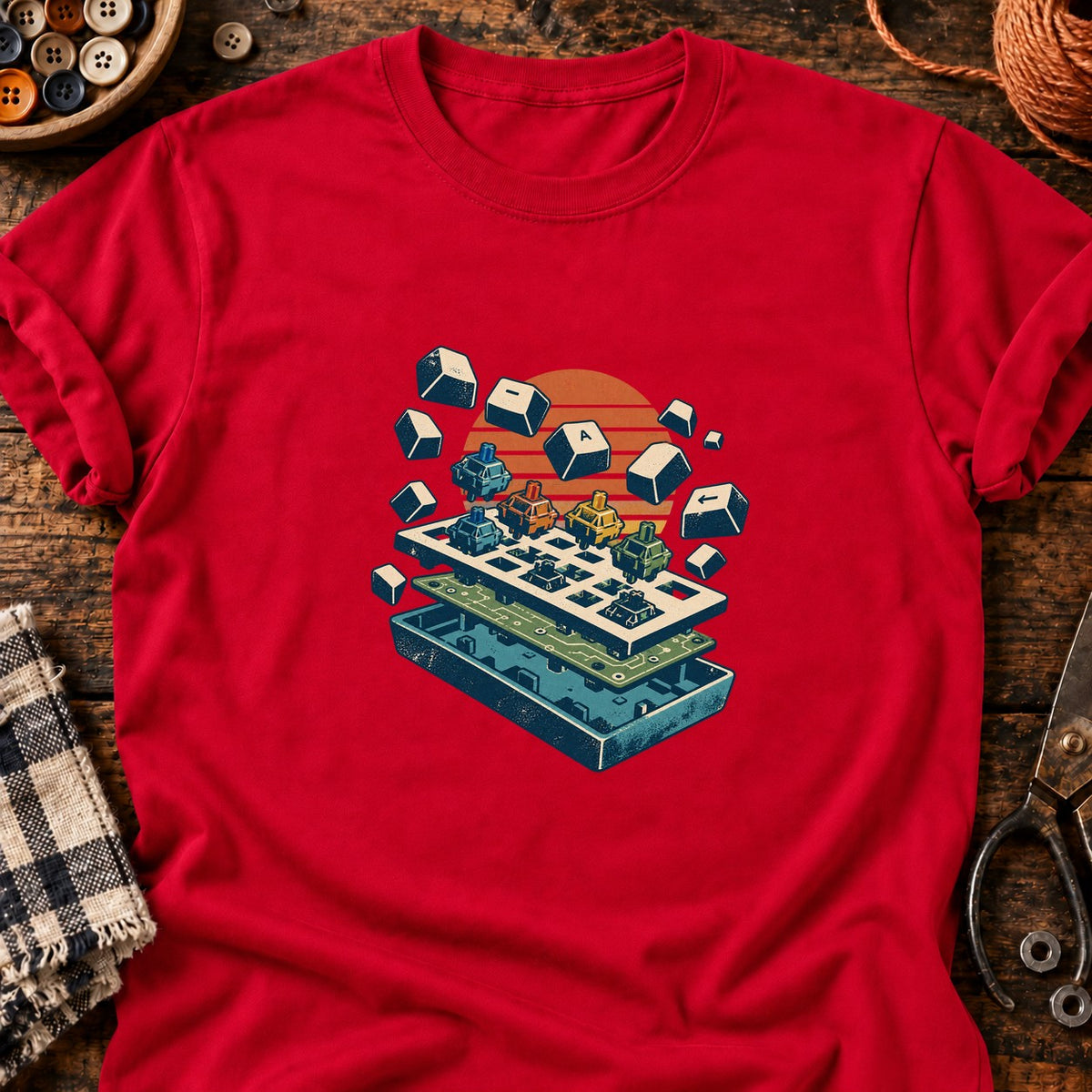 Clavier mécanique vintage en vue éclatée — T-shirt rouge