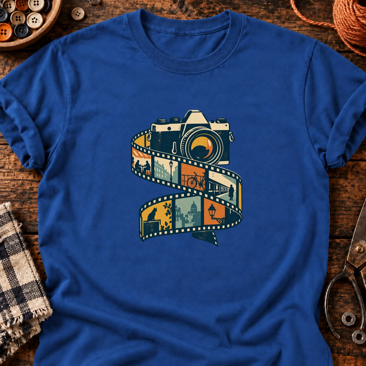 Appareil photo rétro et pellicule urbaine — T-shirt bleu roi