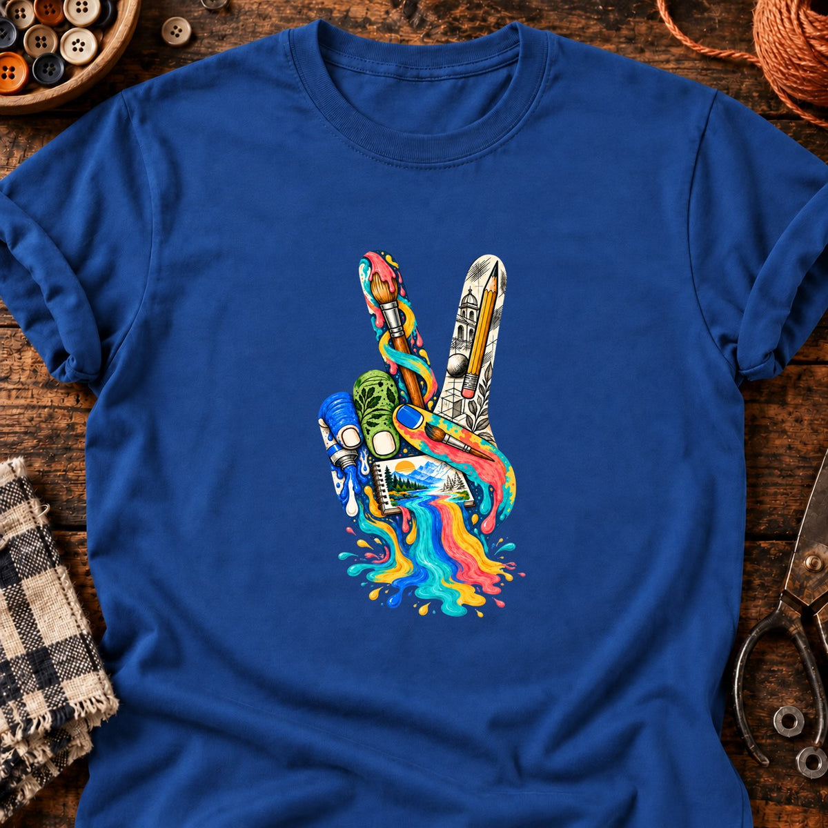 V peinture — T-shirt bleu roi