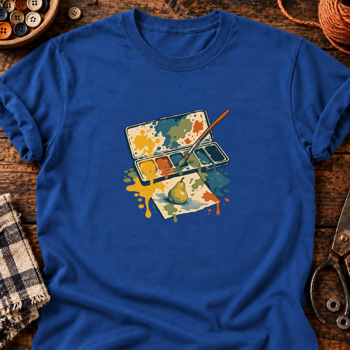 Palette aquarelle et poire — T-shirt bleu roi