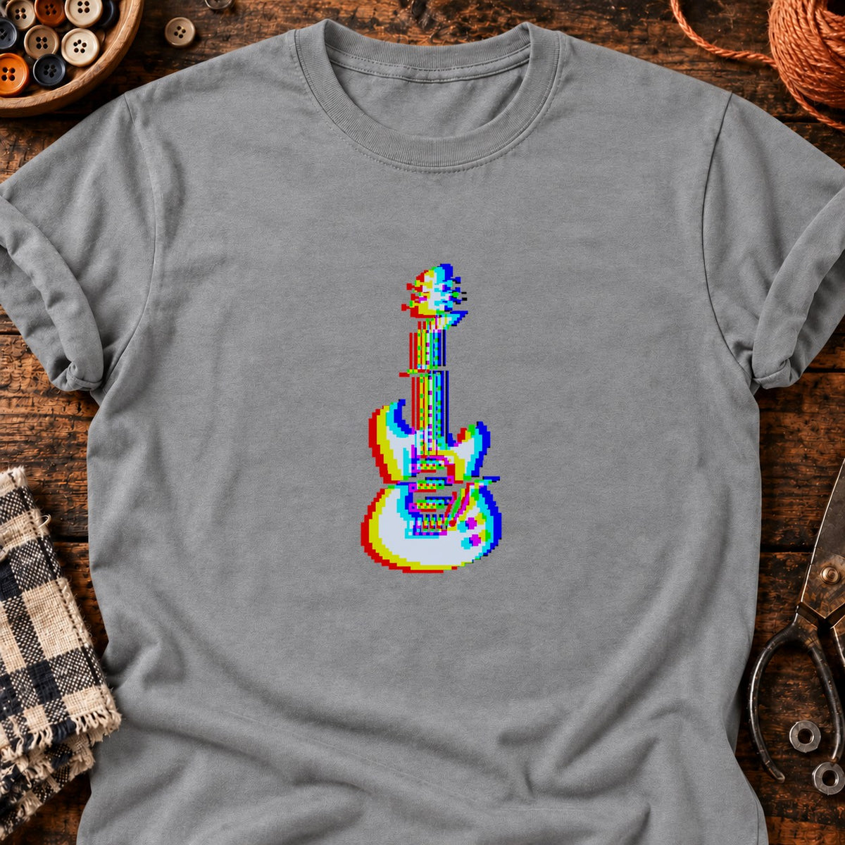 Guitare électrique, effet glitch — T-shirt gris chiné
