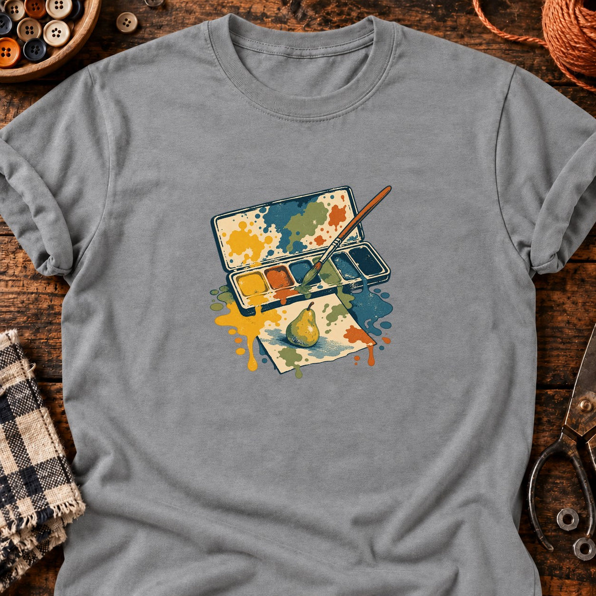Palette aquarelle et poire — T-shirt gris chiné