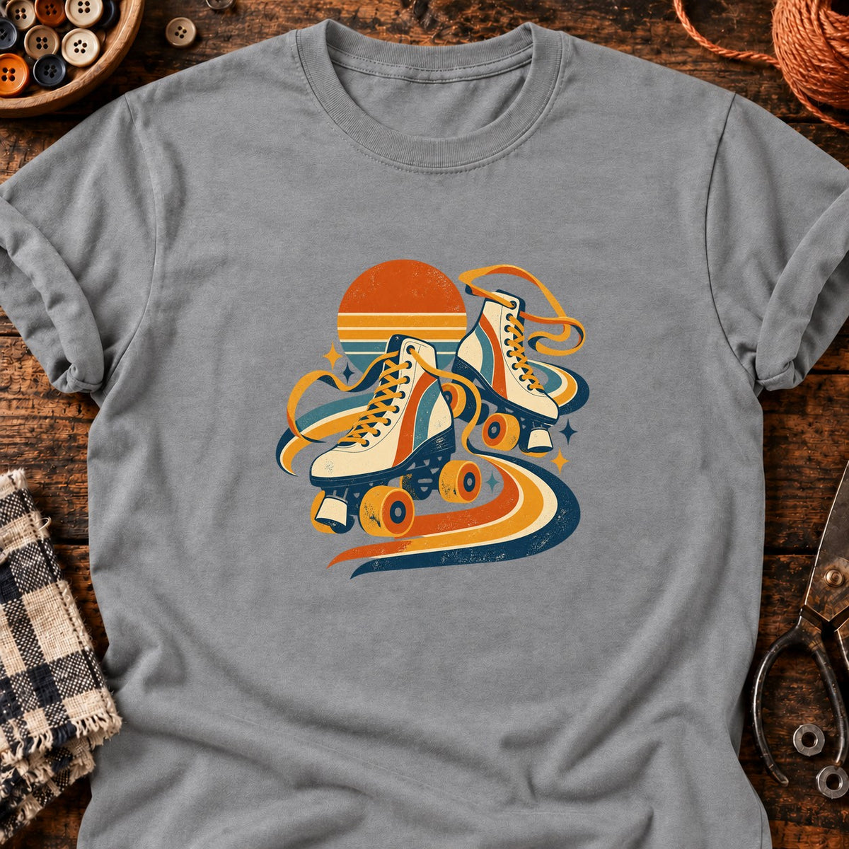 Patins à roulettes rétro géométriques — T-shirt gris chiné