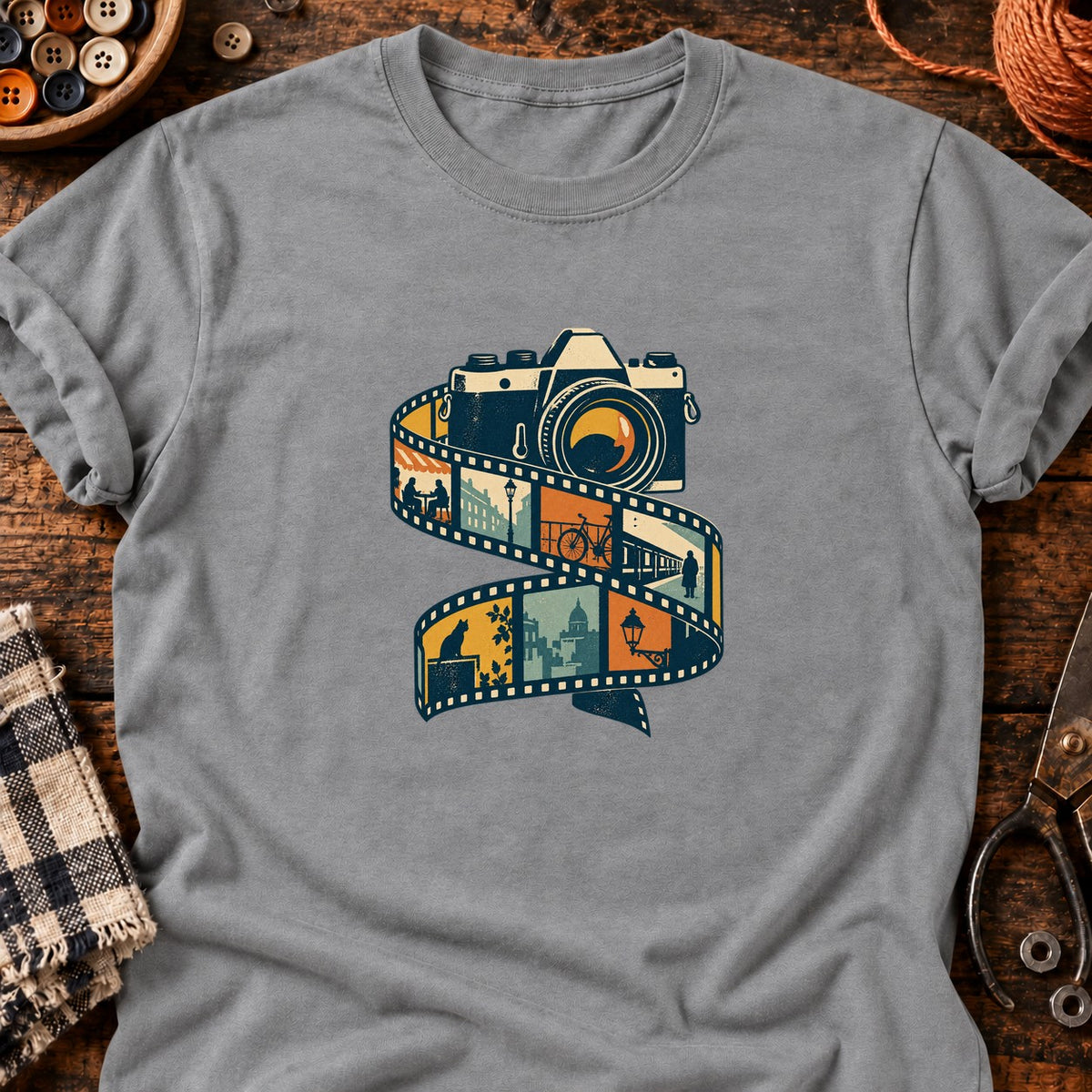 Appareil photo rétro et pellicule urbaine — T-shirt gris chiné