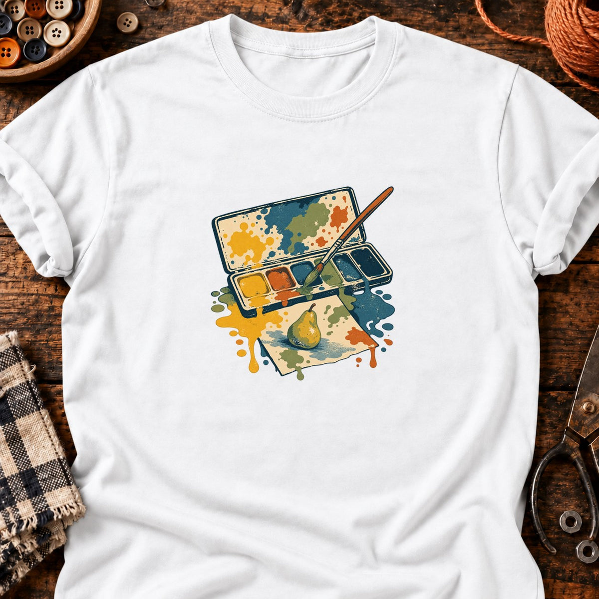 Palette aquarelle et poire — T-shirt blanc