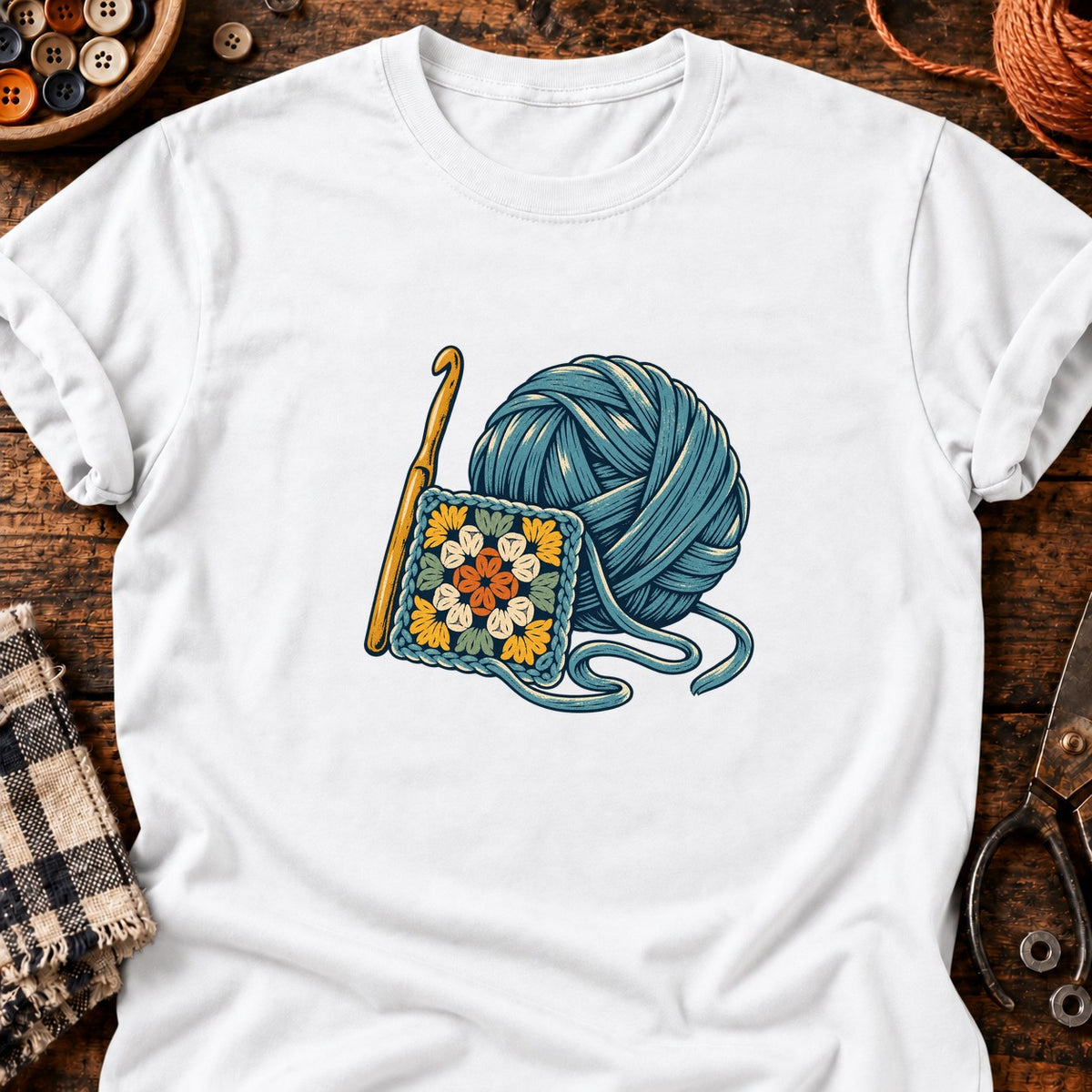Crochet et carré fleuri en linogravure — T-shirt blanc