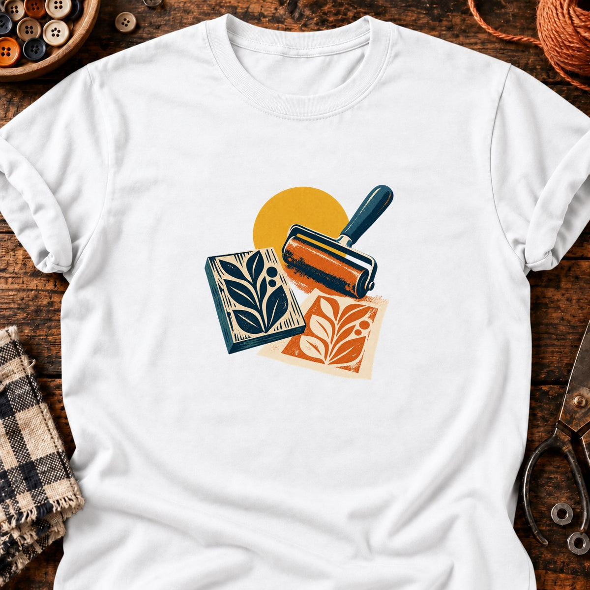 Composition rétro linogravure et rouleau encreur — T-shirt blanc